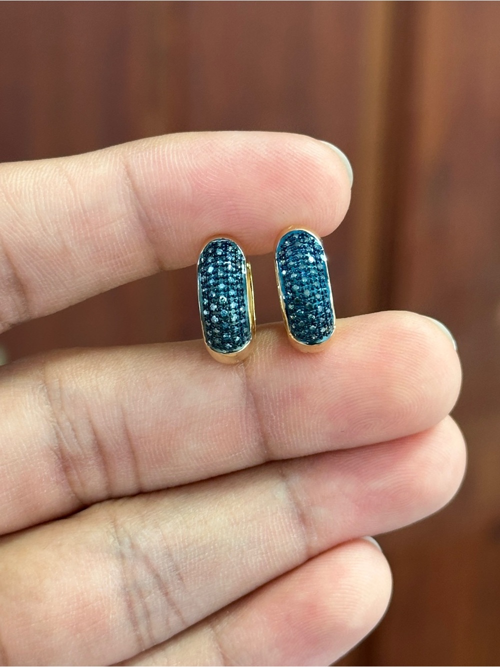 Blue Diamond Pave Huggie Hoop Earrings in Sterling Silver